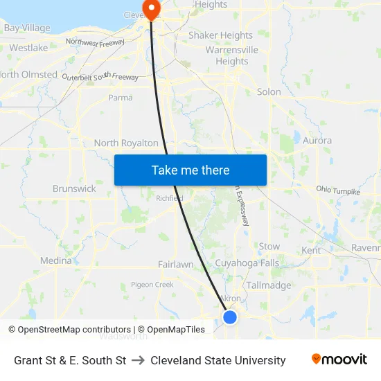 Grant St & E. South St to Cleveland State University map