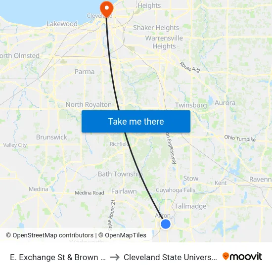 E. Exchange St & Brown St to Cleveland State University map