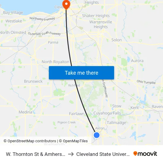 W. Thornton St & Amherst St to Cleveland State University map
