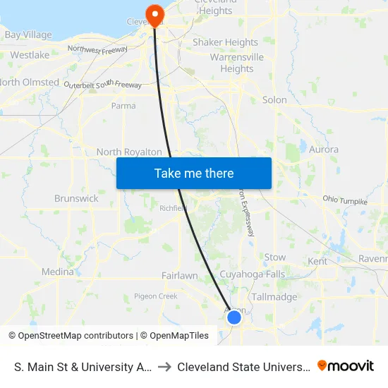 S. Main St & University Ave to Cleveland State University map