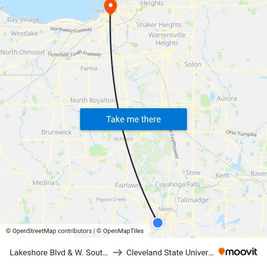 Lakeshore Blvd & W. South St to Cleveland State University map