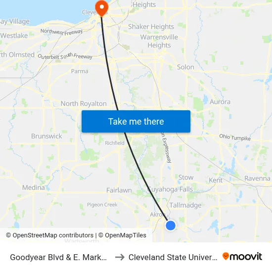 Goodyear Blvd & E. Market St to Cleveland State University map
