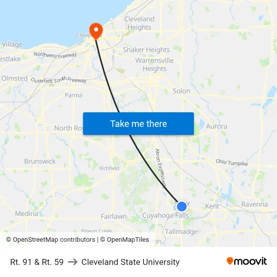 Rt. 91 & Rt. 59 to Cleveland State University map