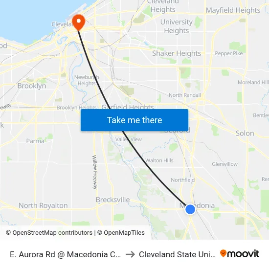 E. Aurora Rd @ Macedonia Commons to Cleveland State University map