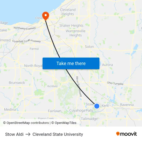 Stow Aldi to Cleveland State University map