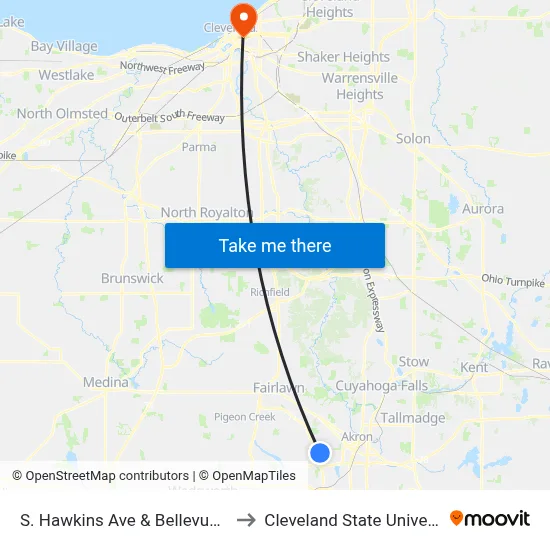 S. Hawkins Ave & Bellevue Ave to Cleveland State University map