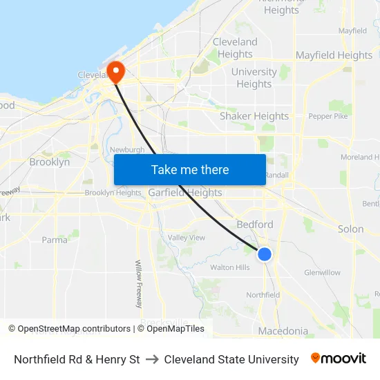 Northfield Rd & Henry St to Cleveland State University map