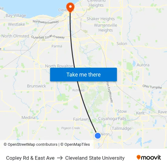 Copley Rd & East Ave to Cleveland State University map