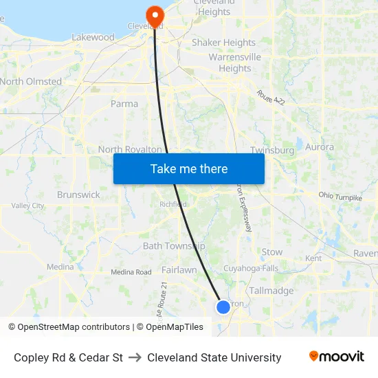 Copley Rd & Cedar St to Cleveland State University map