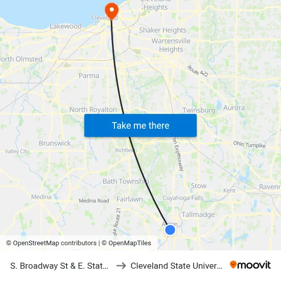 S. Broadway St & E. State St to Cleveland State University map