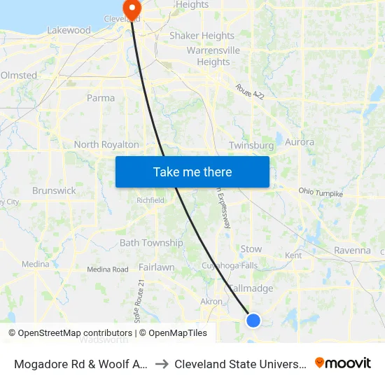 Mogadore Rd & Woolf Ave to Cleveland State University map