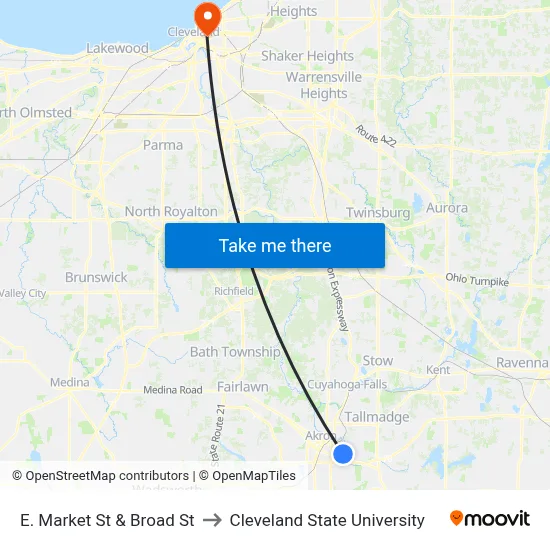 E. Market St & Broad St to Cleveland State University map