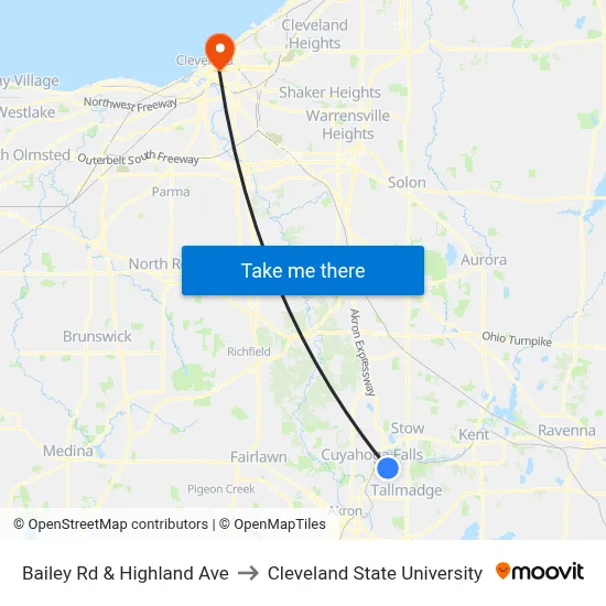 Bailey Rd & Highland Ave to Cleveland State University map