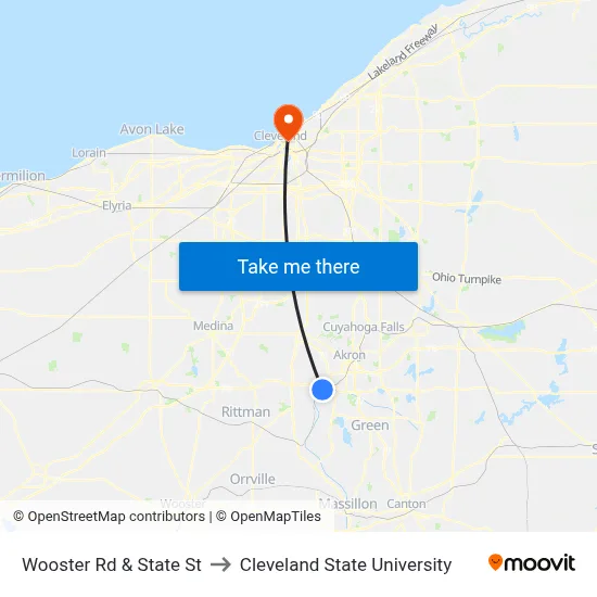 Wooster Rd & State St to Cleveland State University map