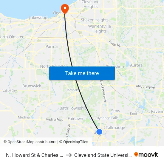 N. Howard St & Charles St to Cleveland State University map