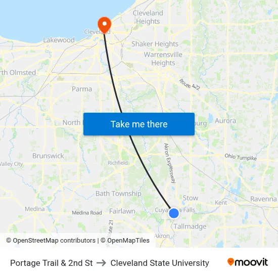 Portage Trail & 2nd St to Cleveland State University map