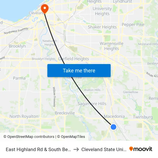 East Highland Rd & South Bedford Rd to Cleveland State University map