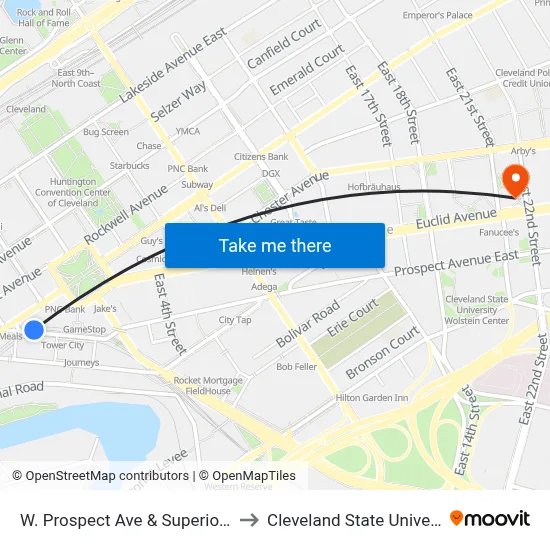 W. Prospect Ave  & Superior Ave to Cleveland State University map
