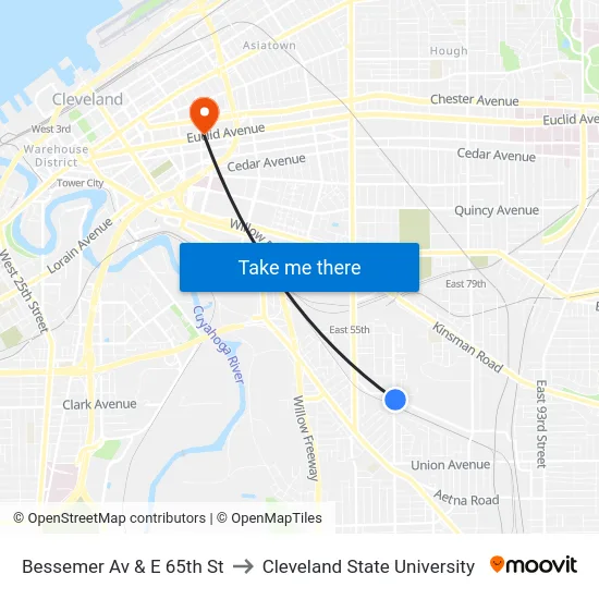 Bessemer Av & E 65th St to Cleveland State University map