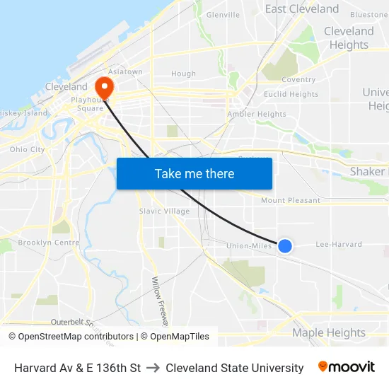 Harvard Av & E 136th St to Cleveland State University map