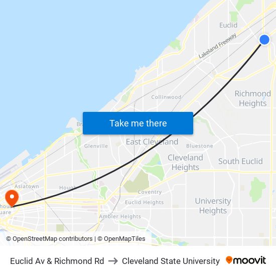 Euclid Av & Richmond Rd to Cleveland State University map