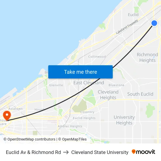 Euclid Av & Richmond Rd to Cleveland State University map