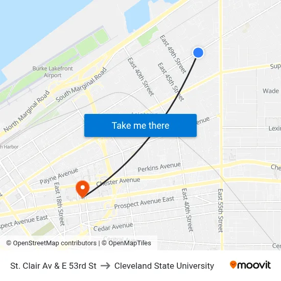 St. Clair Av & E 53rd St to Cleveland State University map
