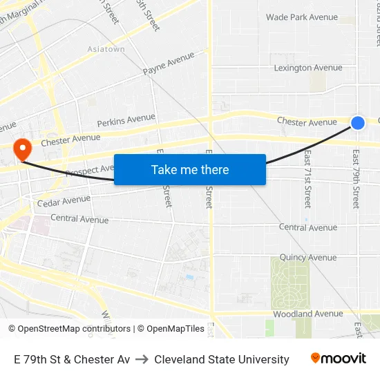 E 79th St & Chester Av to Cleveland State University map