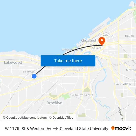 W 117th St & Western Av to Cleveland State University map