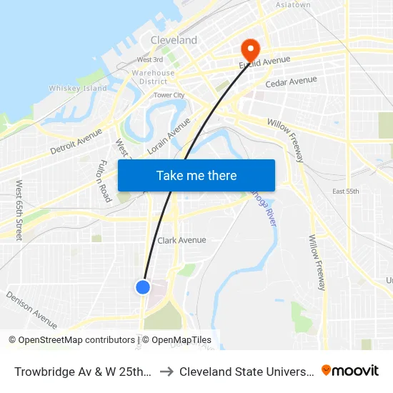Trowbridge Av & W 25th St to Cleveland State University map