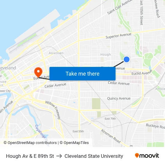 Hough Av & E 89th St to Cleveland State University map