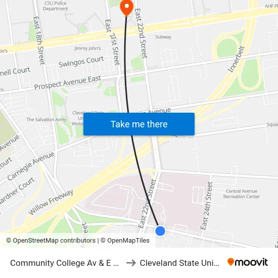 Community College Av & E 22nd St to Cleveland State University map