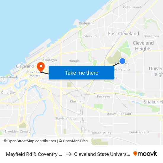 Mayfield Rd & Coventry Rd to Cleveland State University map