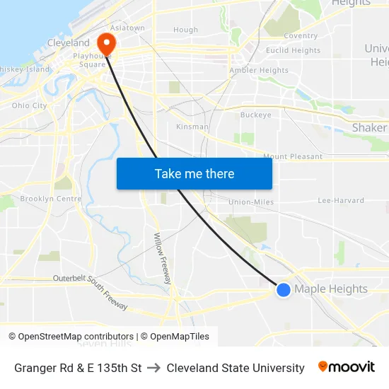 Granger Rd & E 135th St to Cleveland State University map