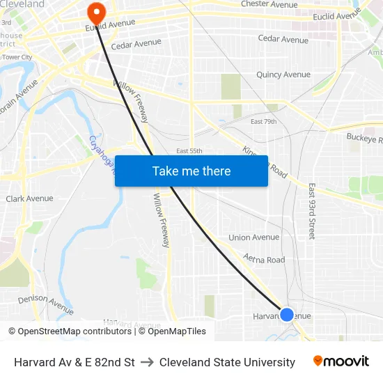 Harvard Av & E 82nd St to Cleveland State University map