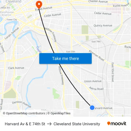 Harvard Av & E 74th St to Cleveland State University map