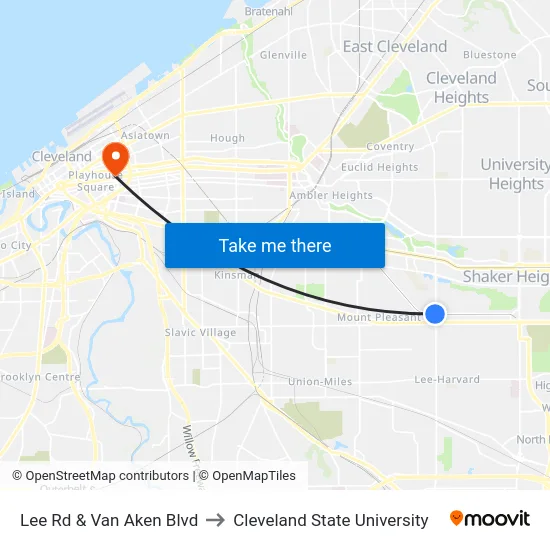 Lee Rd & Van Aken Blvd to Cleveland State University map