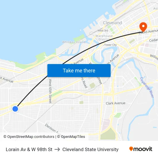 Lorain Av & W 98th St to Cleveland State University map
