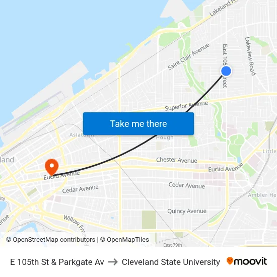 E 105th St & Parkgate Av to Cleveland State University map