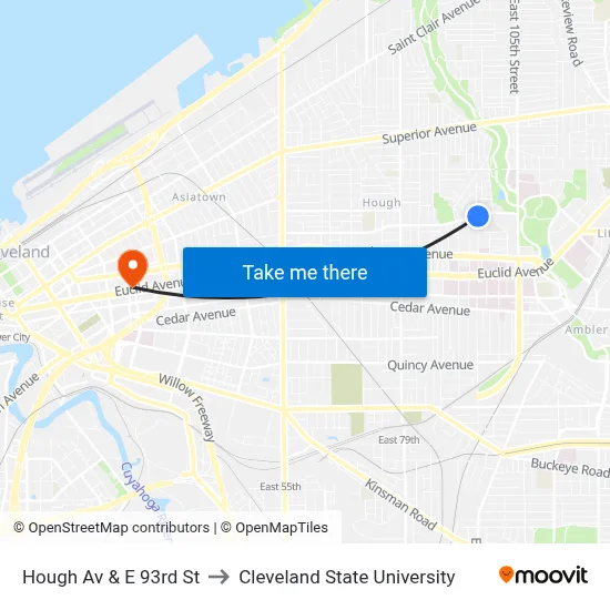 Hough Av & E 93rd St to Cleveland State University map