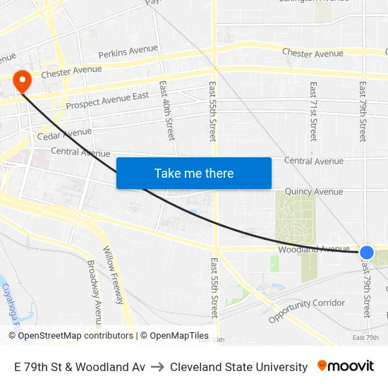 E 79th St & Woodland Av to Cleveland State University map