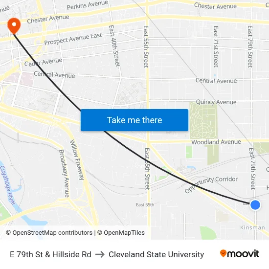 E 79th St & Hillside Rd to Cleveland State University map