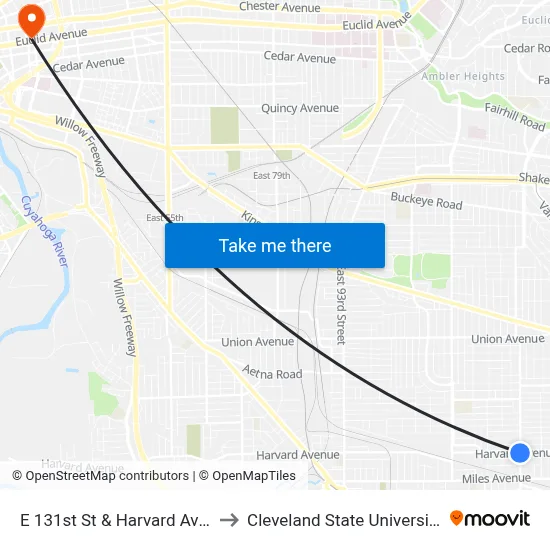 E 131st St & Harvard Av E to Cleveland State University map