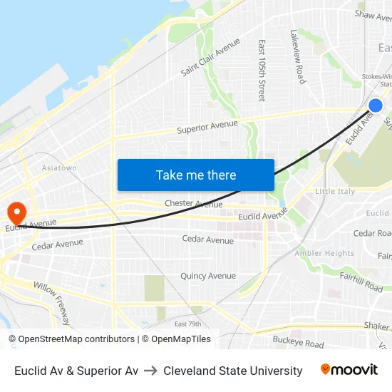 Euclid Av & Superior Av to Cleveland State University map