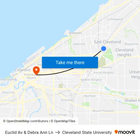 Euclid Av & Debra Ann Ln to Cleveland State University map