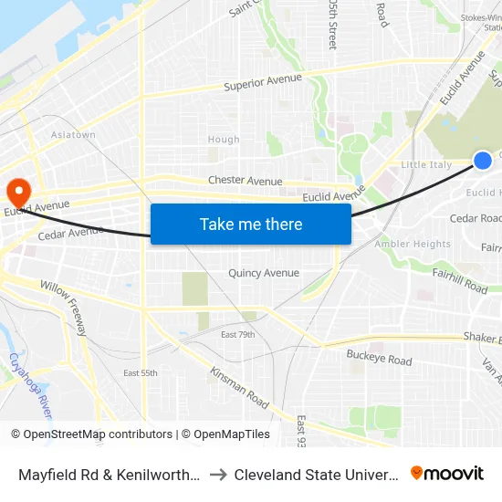 Mayfield Rd & Kenilworth Rd to Cleveland State University map