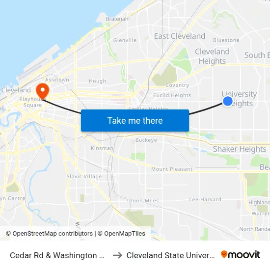 Cedar Rd & Washington Blvd to Cleveland State University map