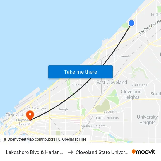 Lakeshore Blvd & Harland Av to Cleveland State University map