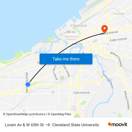 Lorain Av & W 65th St to Cleveland State University map