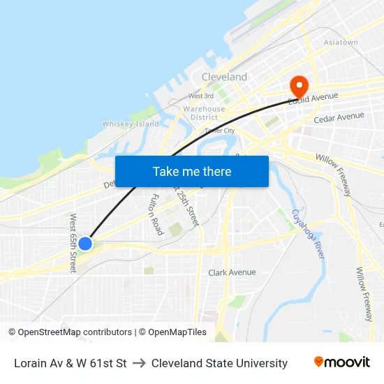 Lorain Av & W 61st St to Cleveland State University map